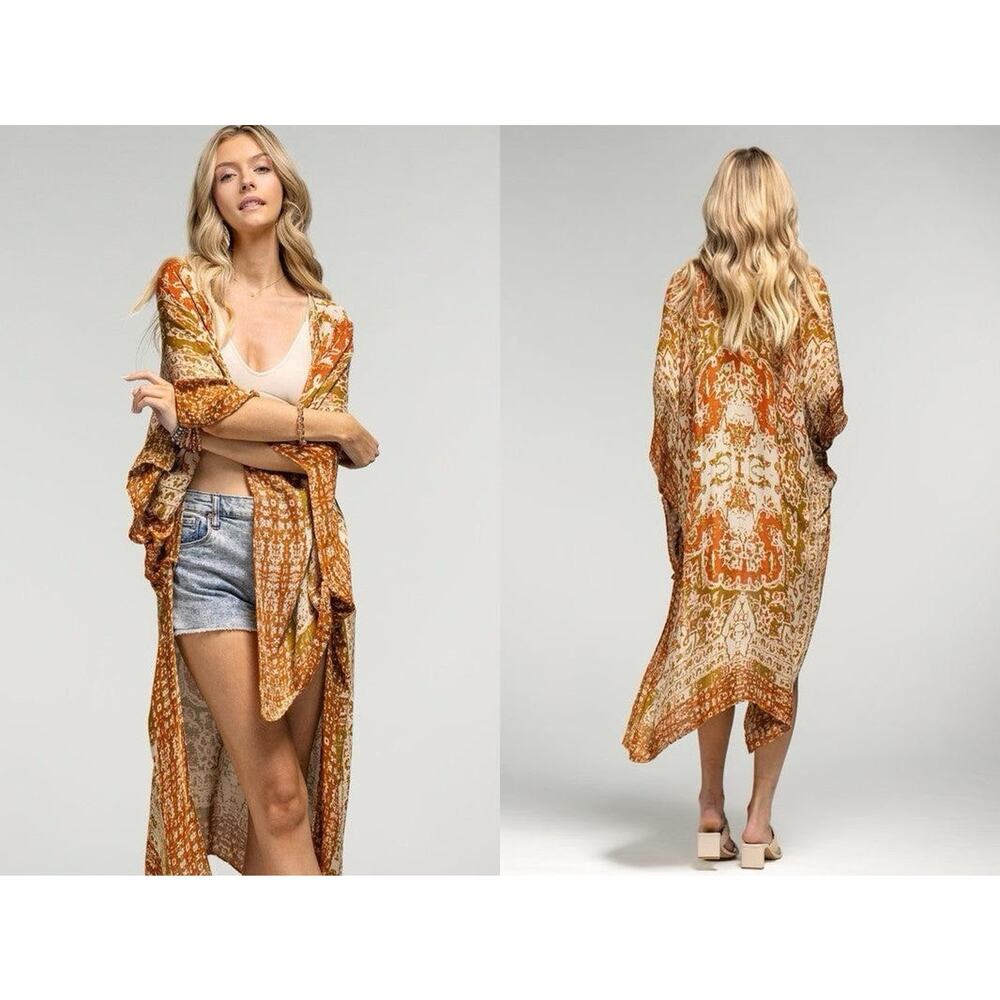 Bohemian Orange Printed Long Kimono Tunic